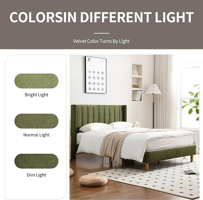 YUHUASHI upholstered Platform Bed Frame/Queen Bed Frame/Modern Geometric Double-Wing Design headboard/Velvet Fabric/Easy to Assemble no Noise (Grass Green, Queen (U.S. Standard))