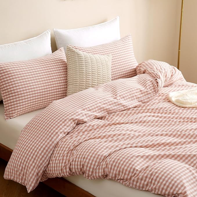 TOCOMOA Pink Tan Gingham Duvet Cover Bedding Set 100% Washed Cotton Like Linen Feel Super Soft Comfy 3 Piece Vintage Plaid Checkered Fall Comforter Cover Set (Queen 90"x90", Comforter Not Included)