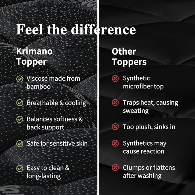 Full Mattress Topper, Viscose Derived from Bamboo Thick Pillow Top Mattress Pad with Deep Pocket, Naturally Cooling for Hot Sleepers, Soft for Back Pain Relief, Premium Dark Grey