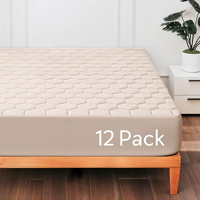 Hearth & Harbor 12 Pack Twin Size Quilted Fitted Mattress Pad Cover, 100% Waterproof Mattress Protectors, Deep Pocket Fitted Mattress Cover 8" - 21" (39" x 75", Beige Cream)