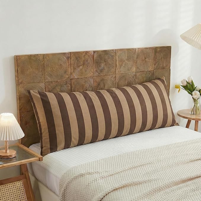 Merryword Body Pillow Cover 20x54inches, 100% Cotton Pillow Case, Brown and Khaki Striped Pillowcase, Luxury Linen Like Pillowcase, Soft Breathable Wide Stripes Long Pillowcase, 1-Piece