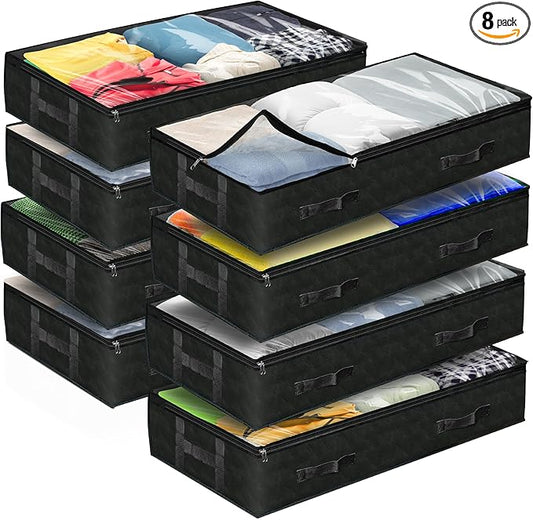 Reli. 90L Under Bed Storage Containers (8 Pack) | Closet Organizer with Clear Window | Underbed Storage Bins for Towels, Sweaters, Linens | Large Organizer for Closet (Black)