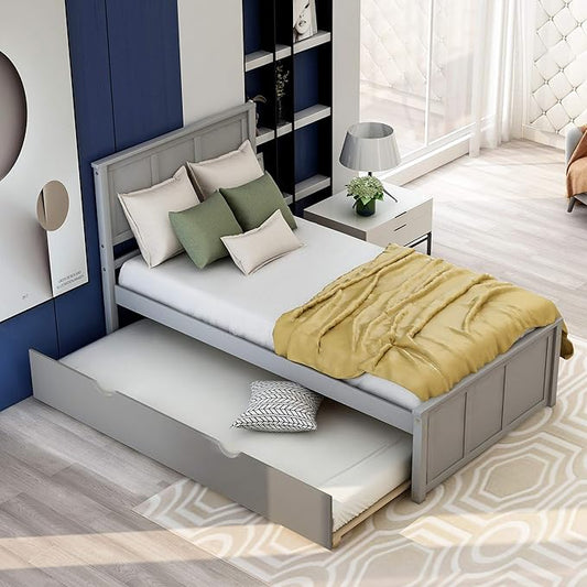 Ball & Cast Twin Bed Frames,Dyabed Platform Bed W/Pull Out Trundle Bed,Trundle can be Placed on Either Side of The Bed,for Bedroom,Guest Room,Apartment,Gray