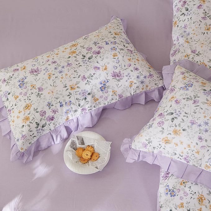 mixinni Floral Duvet Cover Set Twin XL Size, 100% Cotton 3-Piece Bedding Set with Ruffled Lace, Reversible Lavender Wildflower Ruffle Design, Soft Aesthetic Cottagecore Duvet Cover with Zipper Closure