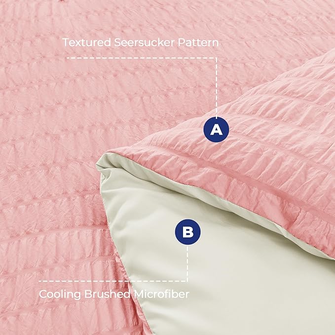 HYMOKEGE Pink/Ivory Duvet Cover King Size, Ultra Soft 3-Piece Seersucker Duvet Cover Set with Zipper Closure, Soft Brushed Microfiber Bedding Set with 8 Corner Ties (104"x90", 2 Pillowshams)