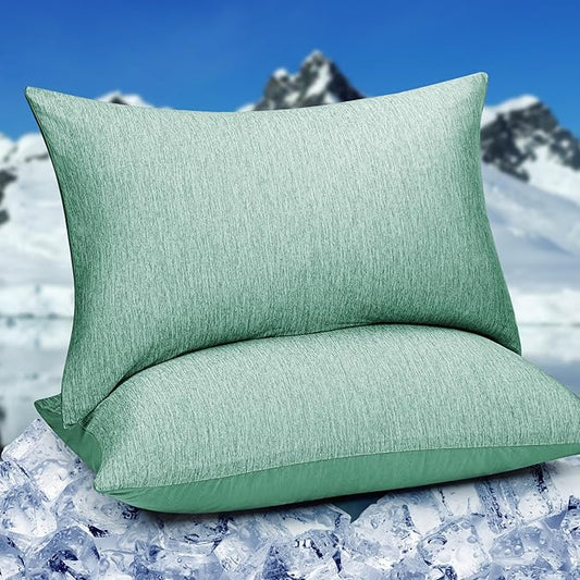 HOMFINE Cooling Pillowcases Standard Size - Double Side Q-Max 0.439 Cooling Fiber for Pillow Protector, Breathable Cold Pillow Cover for Hot Sleeper Night Sweat, Hidden Zipper, 2 Pack (20"x26", Green)