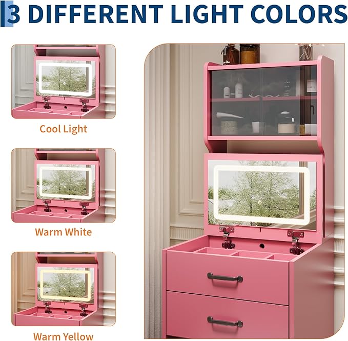Garvee 3 in 1 Vanity Desk with 3 Color LED, Compact Makeup Vanity Set with 2 AC Outlets & USB, Dressing Table with Drawers & Acrylic Doors, Nightstand Vanity Mirror, Jewelry Box, Hidden Chair, Pink
