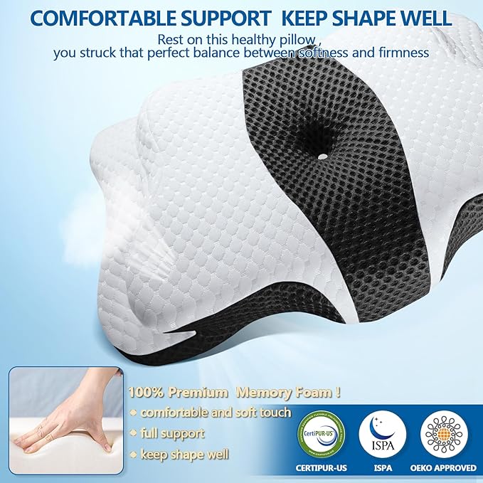 CHxxy Memory Foam Pillows, Cervical Pillow for Neck and Shoulder Pain Relief, Ergonomic Contour Bed Pillow, Soft for Side Sleep Stomach Sleeping and Back Sleeper-Queen Size&Black