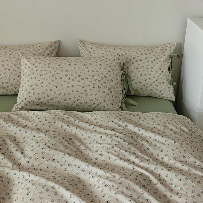 VM VOUGEMARKET Green Purple Flower Duvet Cover Set King 100% Cotton 3 Pcs Girls Blossom Comforter Cover with Zipper Closure Cottagecore Style Duvet Cover + 2 Pillowcases with Bowknot-104x90 Inch