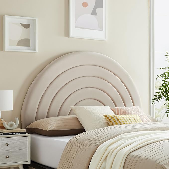 Modway Solana Soft Arch Shaped Round Queen Headboard in Almond – Upholstered Headboard – Stain-Resistant Performance Velvet Headboard for Queen Size Beds