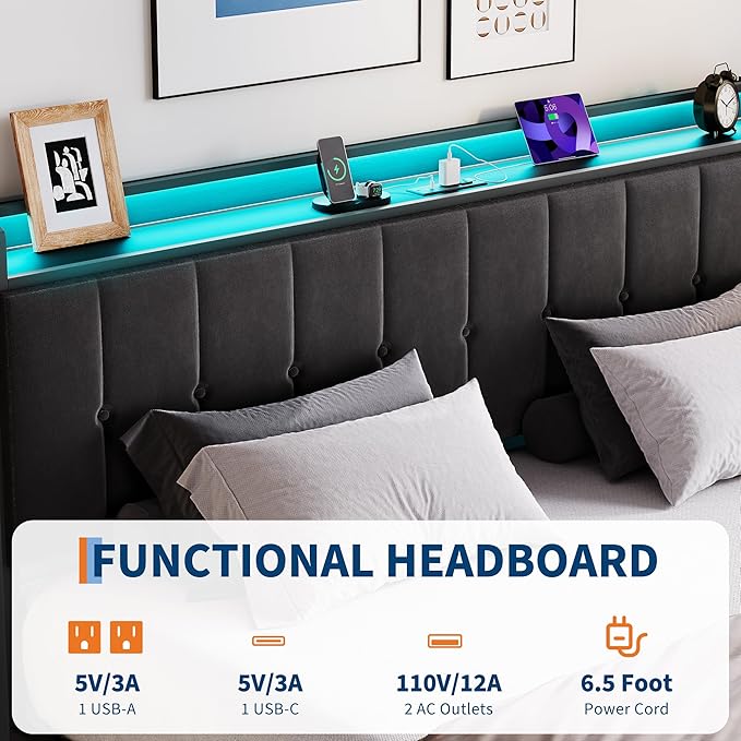 Garvee King Size Lift Up Storage Bed with LED Lights, Upholstered Velvet Bed Frame with Storage Headboard & Charging Station, Metal Platform Bed, No Box Spring Needed, Solid Wooden Slats, Black