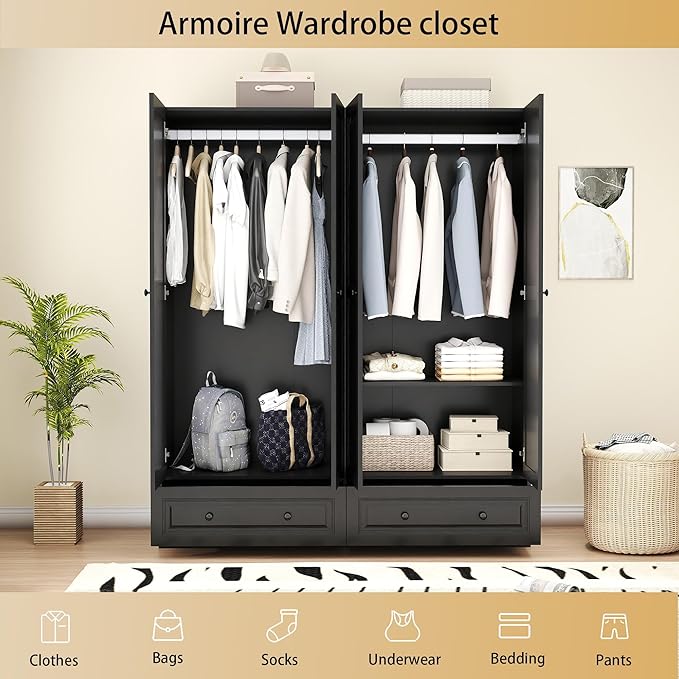 Armoire Wardrobe Closet with Drawers: 63" Black Wardrobe Closet with 4 Doors and 2 Drawers, Wood Clothes Armoire with Hanging Rod, Clothing Storage Cabinet for Bedroom