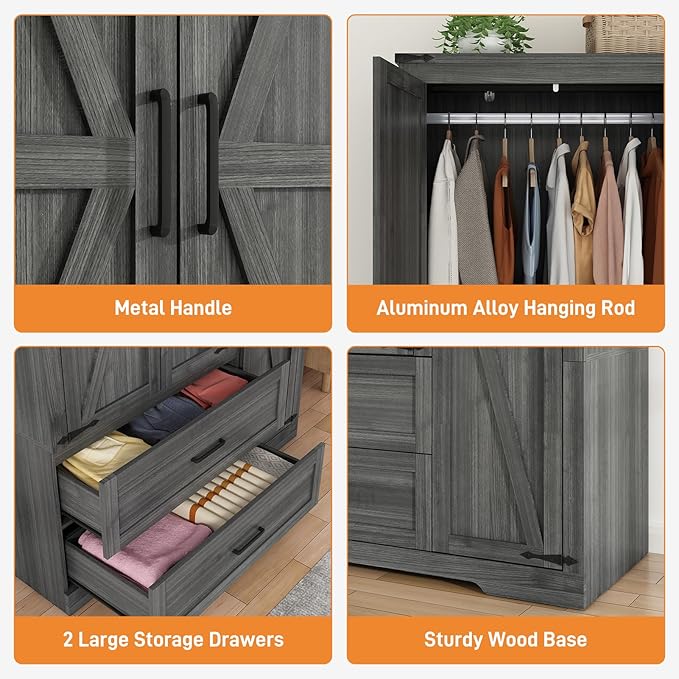 St.Mandyu Farmhouse Wardrobe Armoire Closet with 3 Doors and 2 Drawers, 70.1" Wooden Clothing Storage Cabinet, Freestanding Large Capacity Storage Wardrobe Armoire with Hanging Rod for Bedroom, Grey