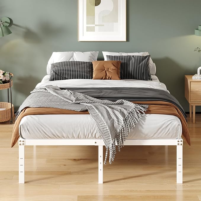 Upcanso 16 Inch White Full Size Bed Frame No Box Spring Need, Metal Platform Full Bed Frames with High Storage, Eassy Assembly 3,500 lbs Heavy Duty Bedframes