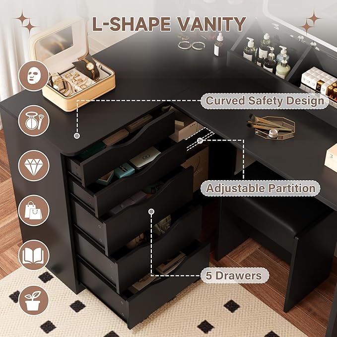 Furmax Vanity Desk with Mirror, L Shape Vanity, LED Lighted Mirror, with Power Outlet and 3 Storage Shelves, Makeup Table with 5 Drawers, 3 Color Modes, for Bedroom(Black)