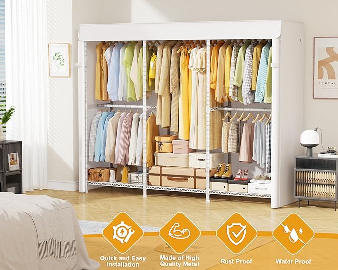 ULIFHOME E14C Pro Heavy Duty Closet Organizer System，Freestanding Clothing Racks for Hanging Clothes，Adjustable Garment Rack 70.1"W × 16.6"D × 76.4"H Hold 960 lbs，White Rack with White Dustproof Cover