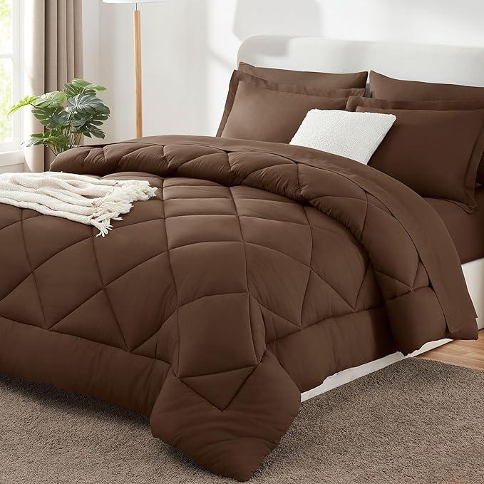CozyLux California King Comforter Set Brown - Cal King Bed in a Bag 7 Pieces, Luxury Soft Bed Set for All Seasons, Bedding Set with Down Alternative Comforter, Sheets, Pillowcases & Shams