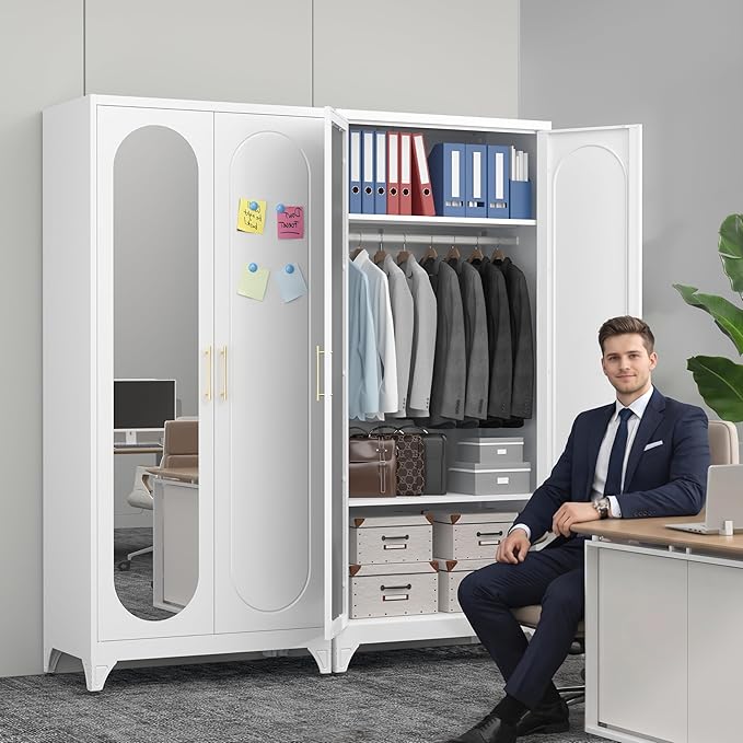 Polup Metal Armoire Wardrobe Closet with Mirror, 71" Tall Steel Clothing Storage Cabinet with Doors, Hanging Rod and Adjustable Shelves, Freestanding Clothes Organizer for Bedroom, Office, White