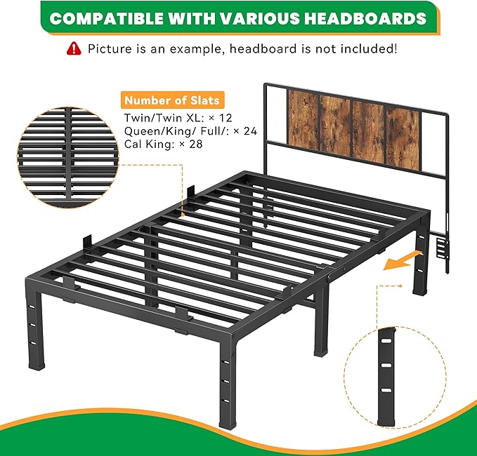 16 Inch Twin XL Bed Frames, Heavy Duty Metal Platform 3500 lbs Capacity, No Box Spring Needed, 6 Mattress Slide Stopper, Headboard Holes, Noise-Free, Easy Assembly