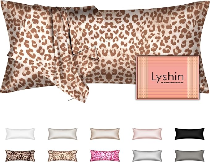 Silk Body Pillow Cover with Zipper, Mulberry Silk Pillow Cases Body Size, Ultra Smooth and Soft Breathable Cooling Silk Satin Body Pillowcase for Hair and Skin, Leopard Beige (20x54 Inches, 1 Pack)