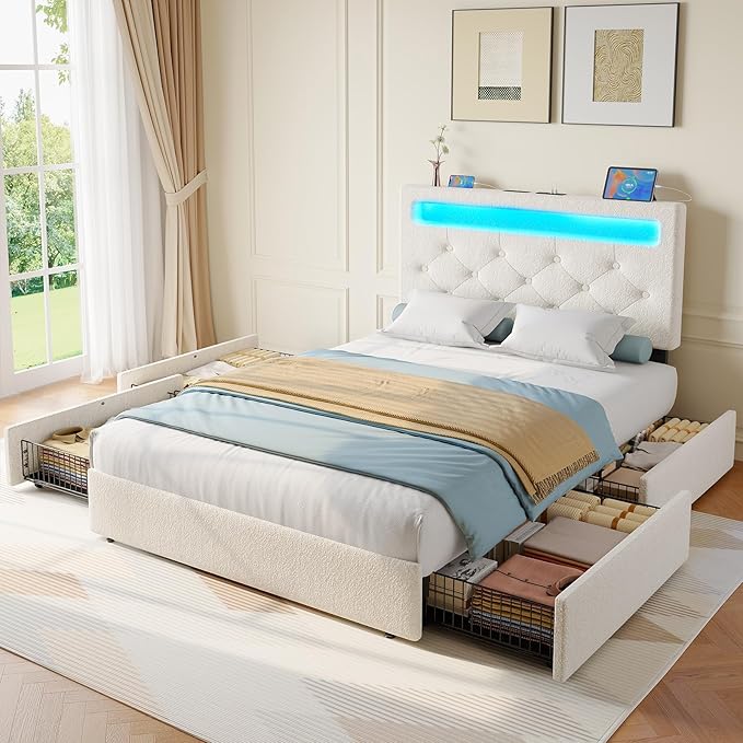 Rolanstar Twin Bed Frame with 4 Drawers and Charging Station,Twin Bed with Led Lights, Adjustable Upholstered Headboard 38.9/40.8 Inches, Sturdy, No Box Spring Needed, Natural White