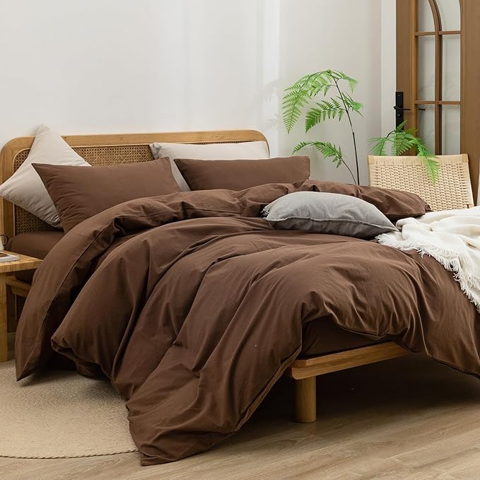 BESTOUCH Duvet Cover Set 100% Washed Cotton Linen Feel Super Soft Comfortable Chic Lightweight 3 PCs Home Bedding Set Solid Cocoa Brown Alaska King