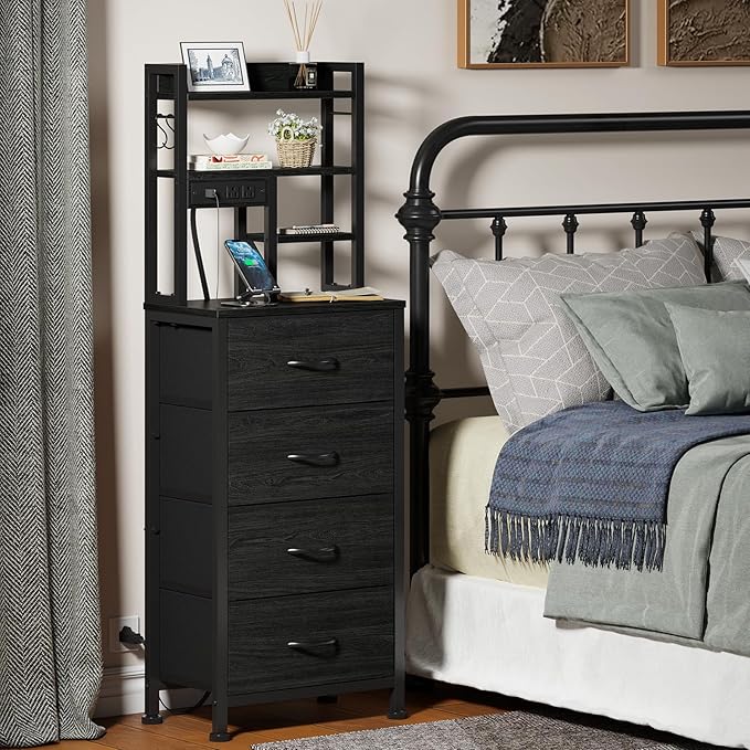 Furnulem Nightstands Set of 2, Tall Night Stand with Charger Station and USB Ports, 4 Fabric Drawers and Led Lights, Bed Side Table for Bedroom/Dorm/Office, Black Oak