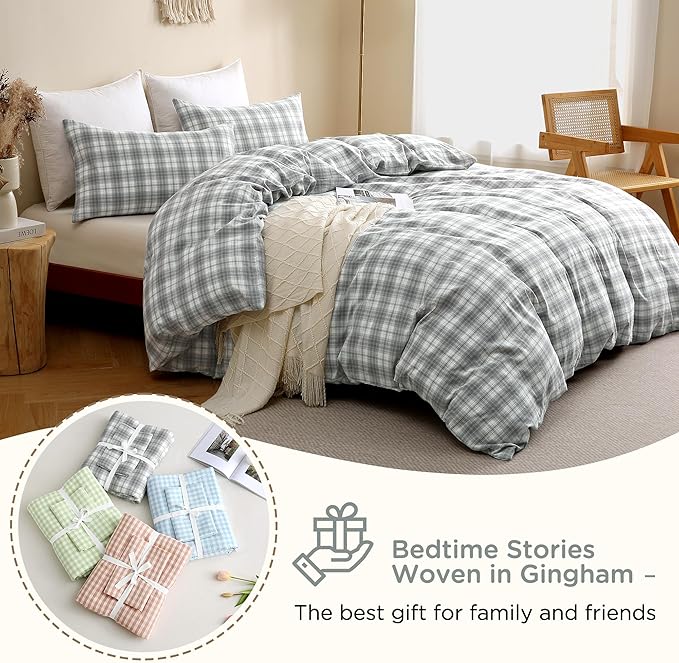 TOCOMOA Plaid Duvet Cover Set 100% Washed Cotton Like Linen Feel Super Soft Comfy 3 Piece Grey and Green Gingham Checkered Bedding Comforter Cover Set (King 104"x90", Comforter Not Included)