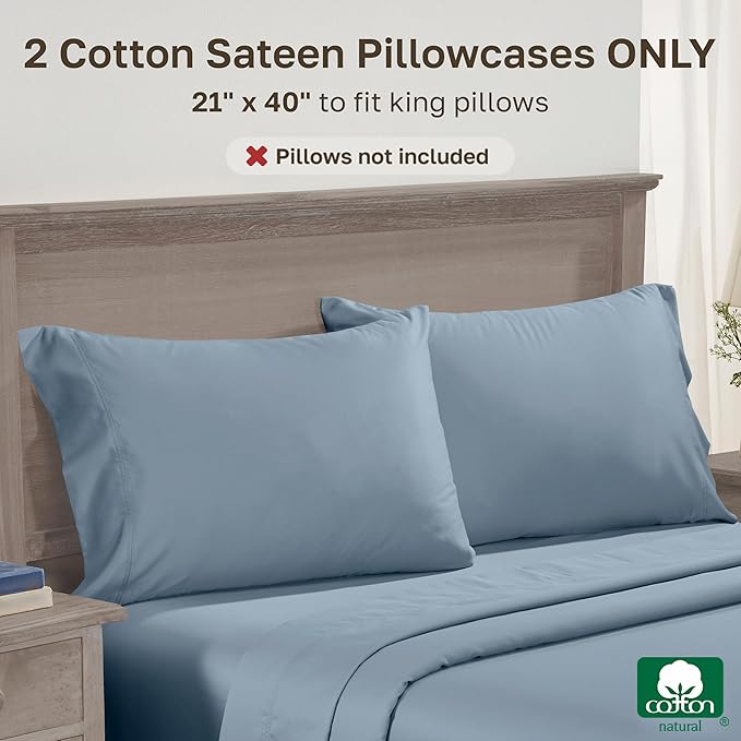 Luxuriously Soft Premium 600 Thread Count, 100% Cotton Set of 2 Cases, Crisp Pillowcases King Size Set of 2, Fits King Pillows (Pastel Blue)
