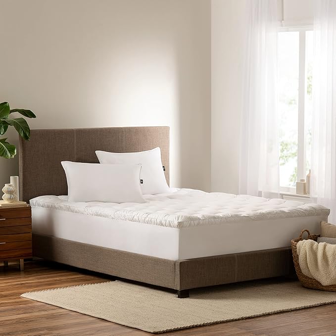 SERTA Down Illusion Soft Hypoallergenic 2 inch Pillowtop Simple Fit Mattress Topper, California King, White