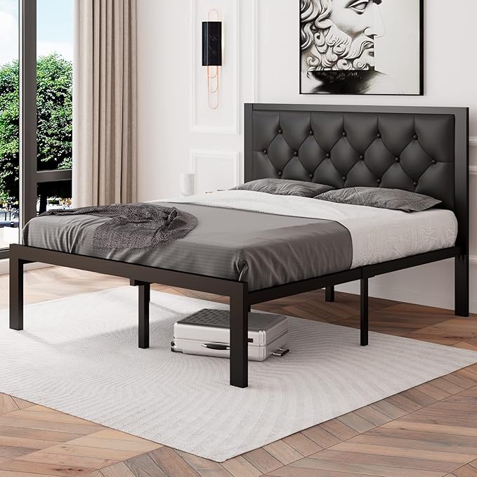 Feonase Full Size Metal Bed Frame with Faux Leather Button Tufted Headboard, Heavy-Duty Platform Bed Frame with 12" Storage, Steel Slats Support, No Box Spring Needed, Noise Free, Black