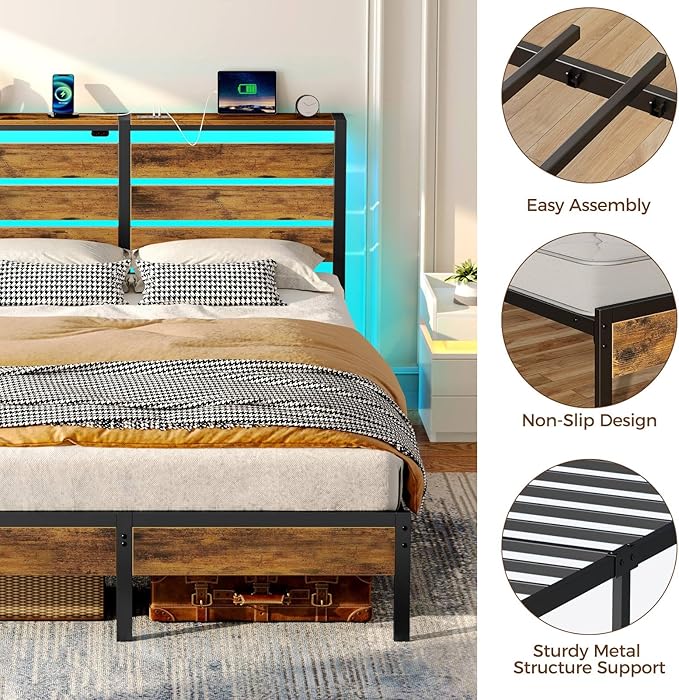 Rolanstar Bed Frame Full Size with USB Charging Station, LED Bed Frame with Wood Storage Headboard, Rustic Brown Metal Platform Bed with Under Bed Storage, No Box Spring Needed, Noise Free