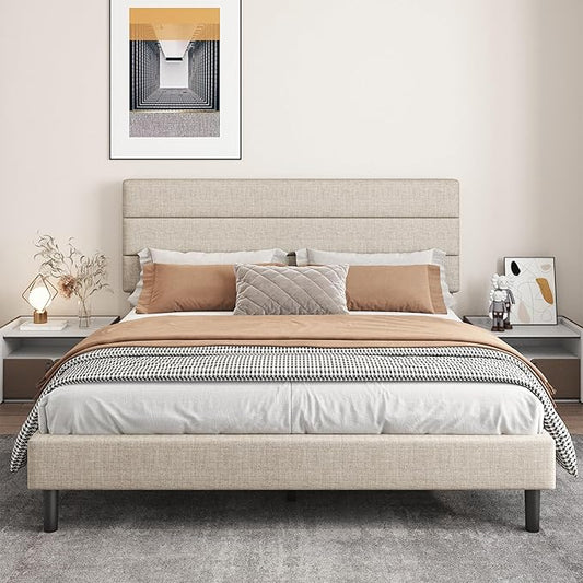 King Platform Bed Frame with Adjustable Linen Fabric Upholstered Headboard, Strong Slats Support, Noise-Free, No Box Spring Required, Easy Assembly for Bedroom Guest Room, Beige