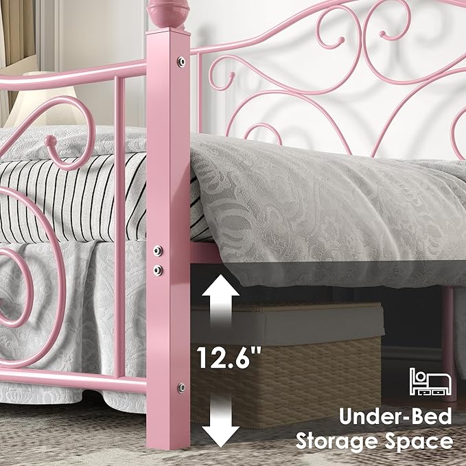 VECELO Full Size Bed Frame with Headboard and Footboard, Heavy Duty Metal Slat Support, Platform Mattress Foundation, No Box Spring Needed, Easy Assembly, Light&Pink