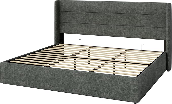 Allewie King Size Lift Up Storage Bed, Modern Wingback Headboard, Hydraulic Support, No Box Spring Needed, Dark Grey