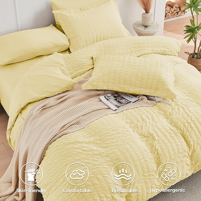 HYMOKEGE Yellow Twin Comforter Set Seersucker 5 Pieces, All Season Luxury Bed in a Bag for Bedroom, Bedding Set with Comforter, Sheets, Pillowcase & Sham