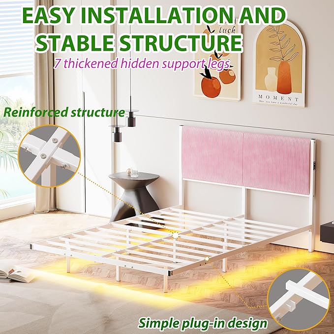 Full Size Floating Bed Frame with LED Lights & USB Charging Station,Metal Bed Frame Full Size with Upholstered Headboard,Platform Mattress Foundation,No Box Spring Needed,Easy Assembly,Pink