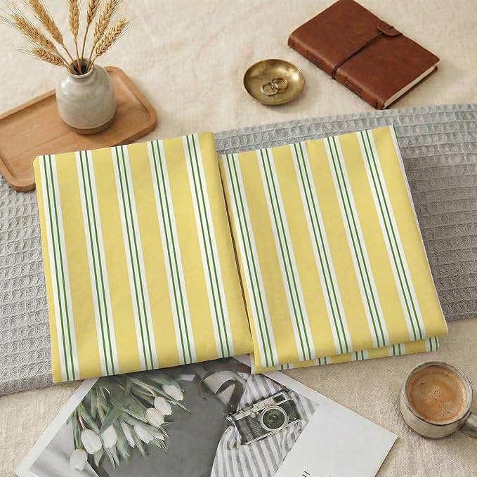 Merryword King Size Pillowcases, 100% Cotton Pillow Cases, Yellow and Green Striped Pillowcases, Soft Breathable Ribbon Stripe Pillow Covers, Set of 2