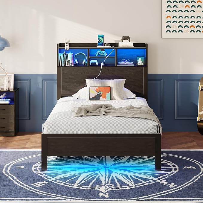 Rolanstar Twin Bed Frame with Storage Headboard & Side Shelf, Metal Platform Bed with Charging Station, LED Single Bed, No Box Spring Needed, Easy Assembly, Black