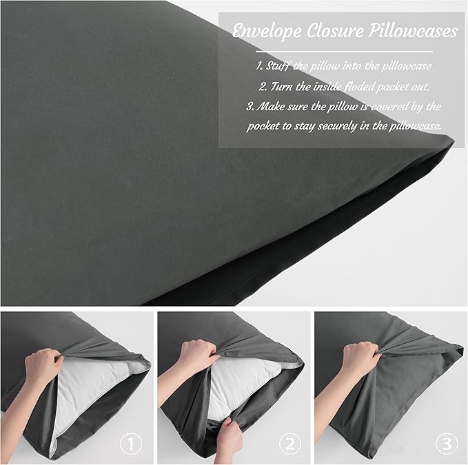 NTBAY Standard Pillow Cases Set of 2, 2 Pack Brushed Microfiber 20x26 Pillow Cases, Soft, Wrinkle, Fade, Stain Resistant Dark Grey Pillow Cases with Envelope Closure, 20x26 Inches, Dark Grey