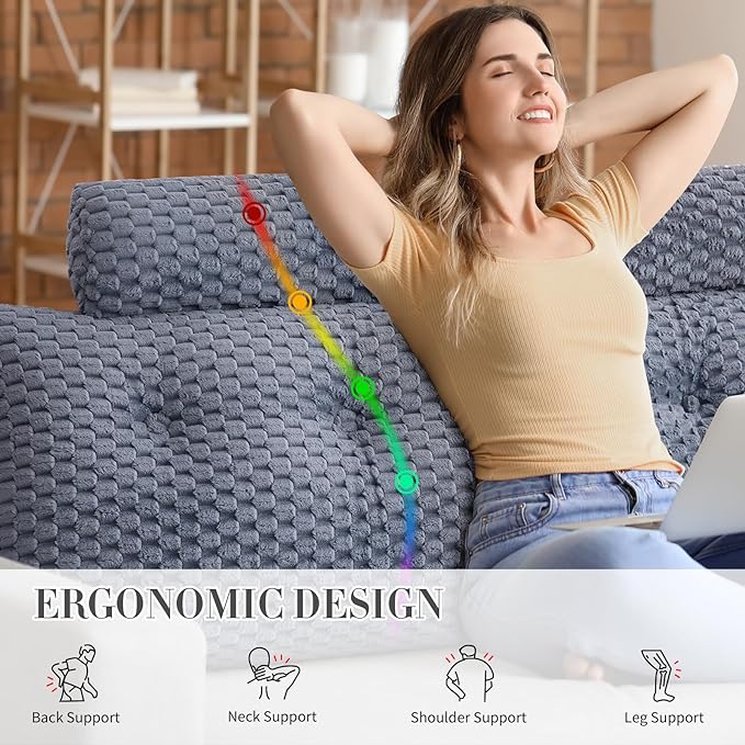 Wedge Headboard Pillow Queen- Bed Wedge Pillow for Headboard Triangular Headboard Pillow with Neck Roll Pillow-Large Bolster for Sitting in Bed Backrest Positioning Support (Grey,59x8x20 Inches)