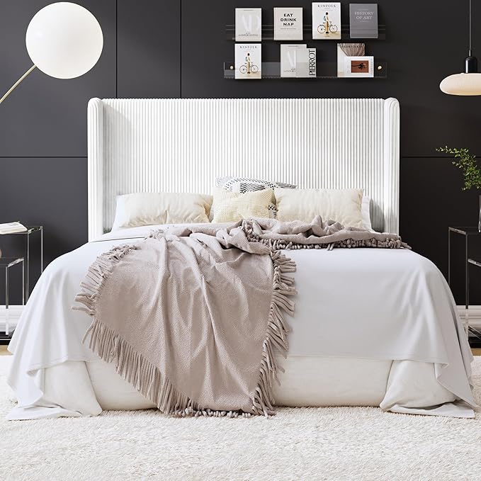 SHA CERLIN Queen Size Corduroy Upholstered Platform Bed Frame with Vertical Channel Tufted Wingback Headboard, 8" Under Bed Storage, Wooden Slats & Metal Frame Support, Easy Assembly, White
