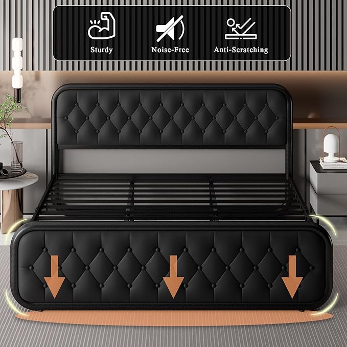 Feonase King Size Bed Frame, Upholstered Bed Frame with Faux Leather Headboard, Heavy Duty Platform Bed with Strong Metal Slats, 12 Inch Under-Bed Storage, Noise-Free, Easy Assembly, Black