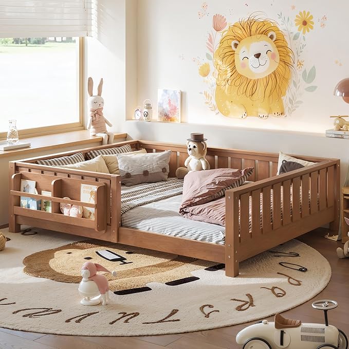 Bellemave Full Size Kids Montessori Bed with Bookshelf,Solid Wood Full Floor Bed Frame with Fence and Slats for Girls Boys,Low-Profile,Dark Natural