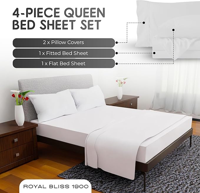 Queen Sheet Set - 4 Piece Bedding, Double Brushed Cooling Sheets, Deep Pocket Queen Bed Sheets (White)