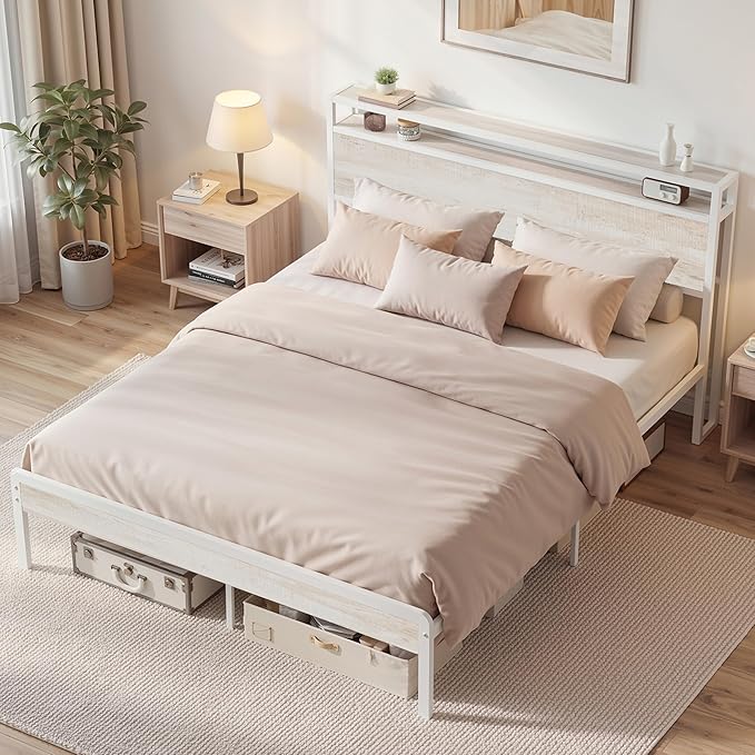 LIKIMIO Queen Bed Frame with Headboard, Wood Camas Queen with Strong Supports, Sturdy, Noise-Free, No Box Spring Needed, White Maple