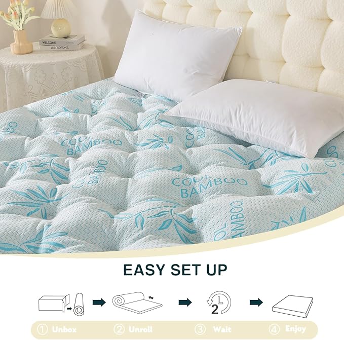 SHOUREN Memory Foam Mattress Topper King 4-5 Inch, 2100 GSM Pillow Top, Blue Bamboo-Viscose Cover, Plush Gel Memory Foam & 3D Fiber Fill, Elastic Straps, Machine Washable, 80x78