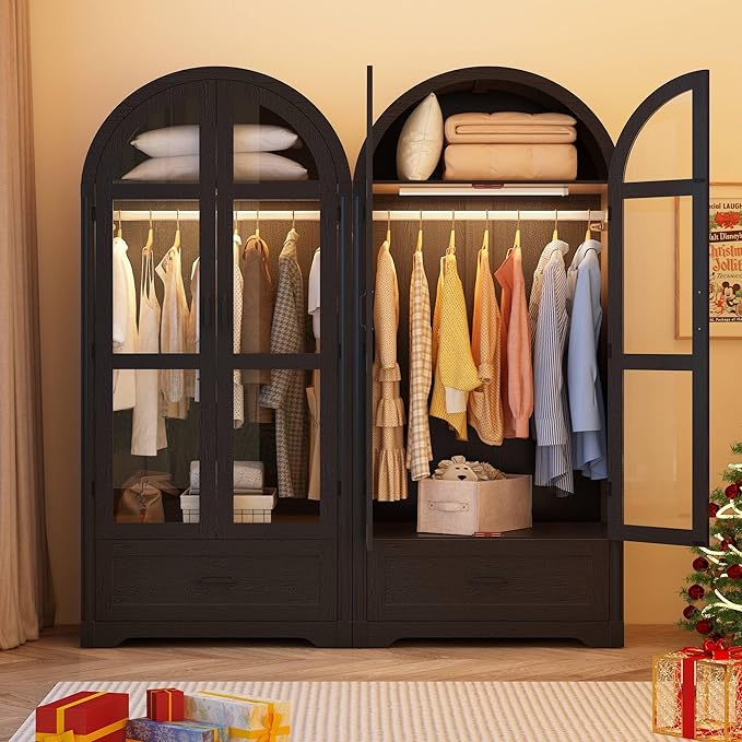 chartustriable 2 Doors Arched Armoire Wardrobe Closet w/Drawers,LED Light,Wooden Closet Wardrobe Cabinet with Hanging Rod for Bedroom,Modern Armoire Storage Cabinet w/Shelf,Black