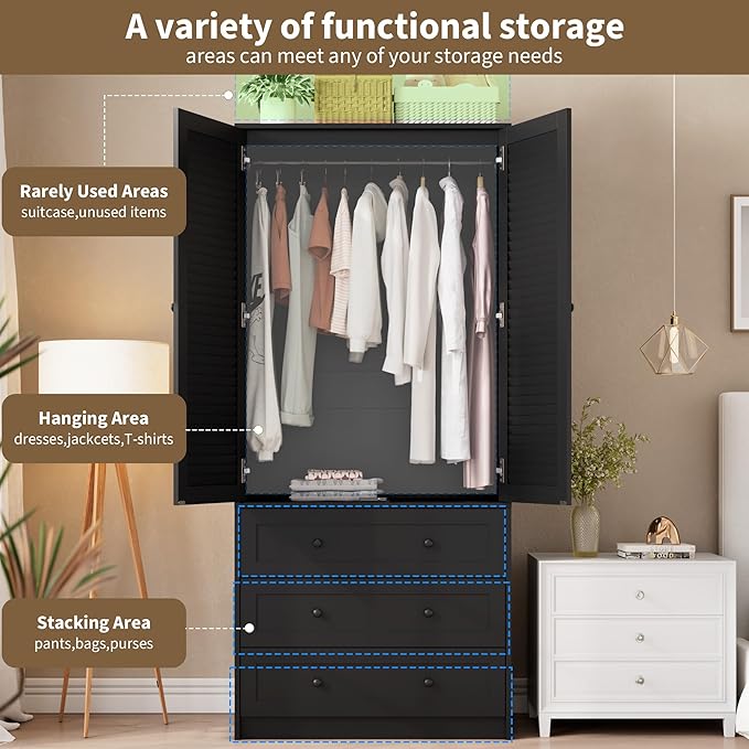 GarveeHome Armoire Wardrobe Closet with 3 Drawers, 69.5" Wooden Wardrobe Cabinet, Hanging Rod, 2 Doors Clothing Storage Cabinet for Bedroom, Large Capacity Storage, Louvered Door, Black