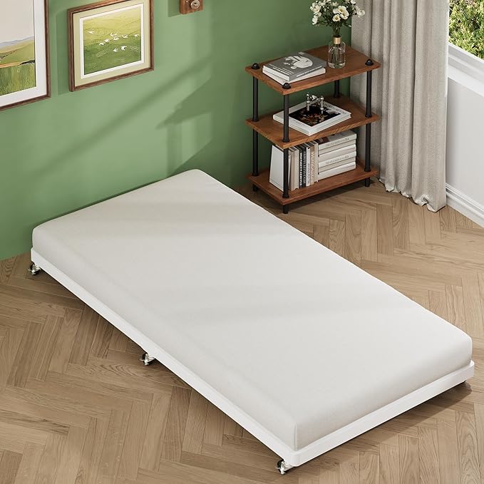 Lutown-Teen Twin Trundle Bed Frame with Metal Slats, Roll-Out Design, Easy Assembly Steel Frame with Lockable Wheels, Noiseless Pull Out Bed for Bedroom, Living Room or Guest Room, White